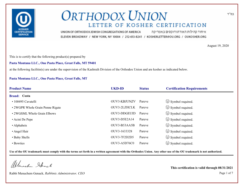 View Our Kosher Certificate