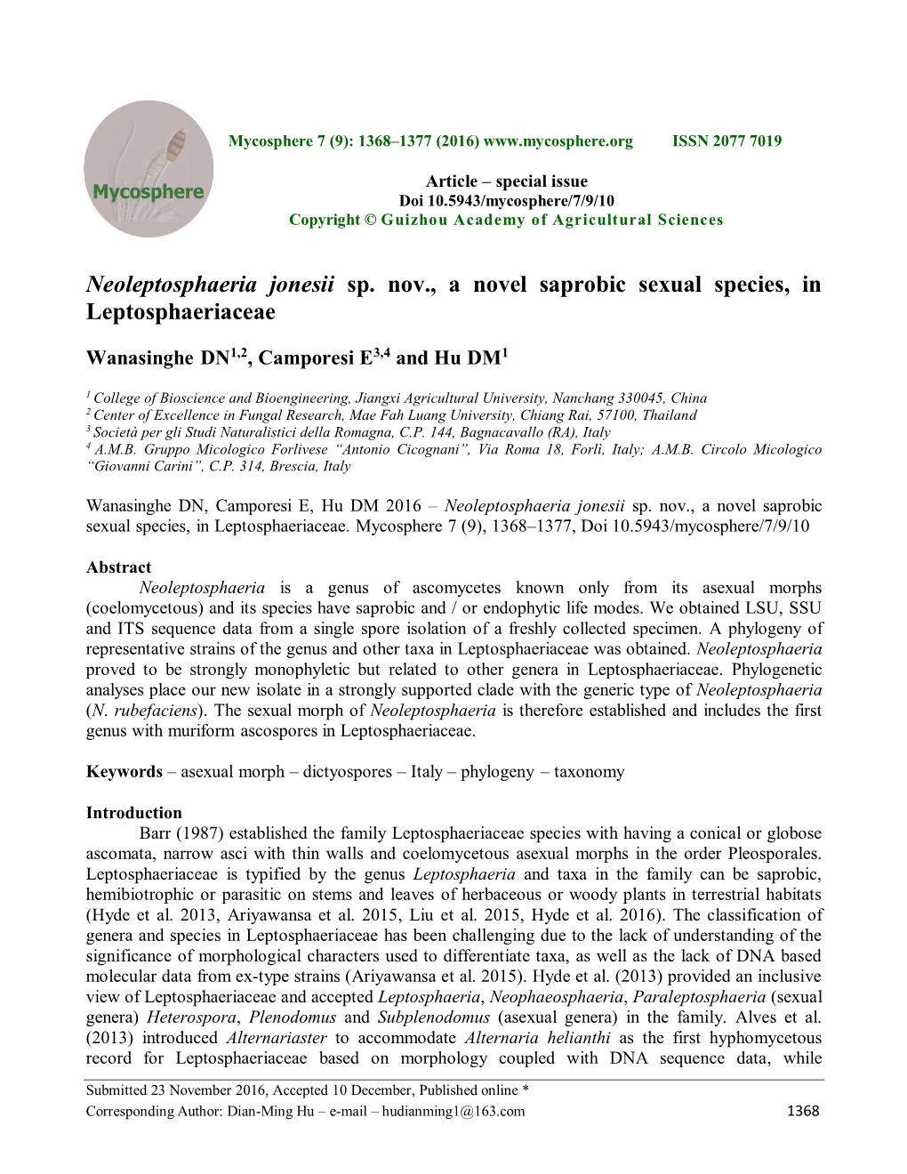 Neoleptosphaeria Jonesii Sp. Nov., a Novel Saprobic Sexual Species, in Leptosphaeriaceae