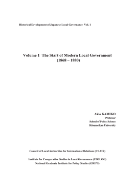 Volume 1 the Start of Modern Local Government (1868 – 1880)
