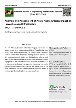 Analysis and Assessment of Agulu-Nnaka Erosion Impact on Human Lives and Infrastructure