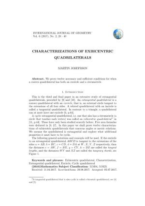 Characterizations of Exbicentric Quadrilaterals