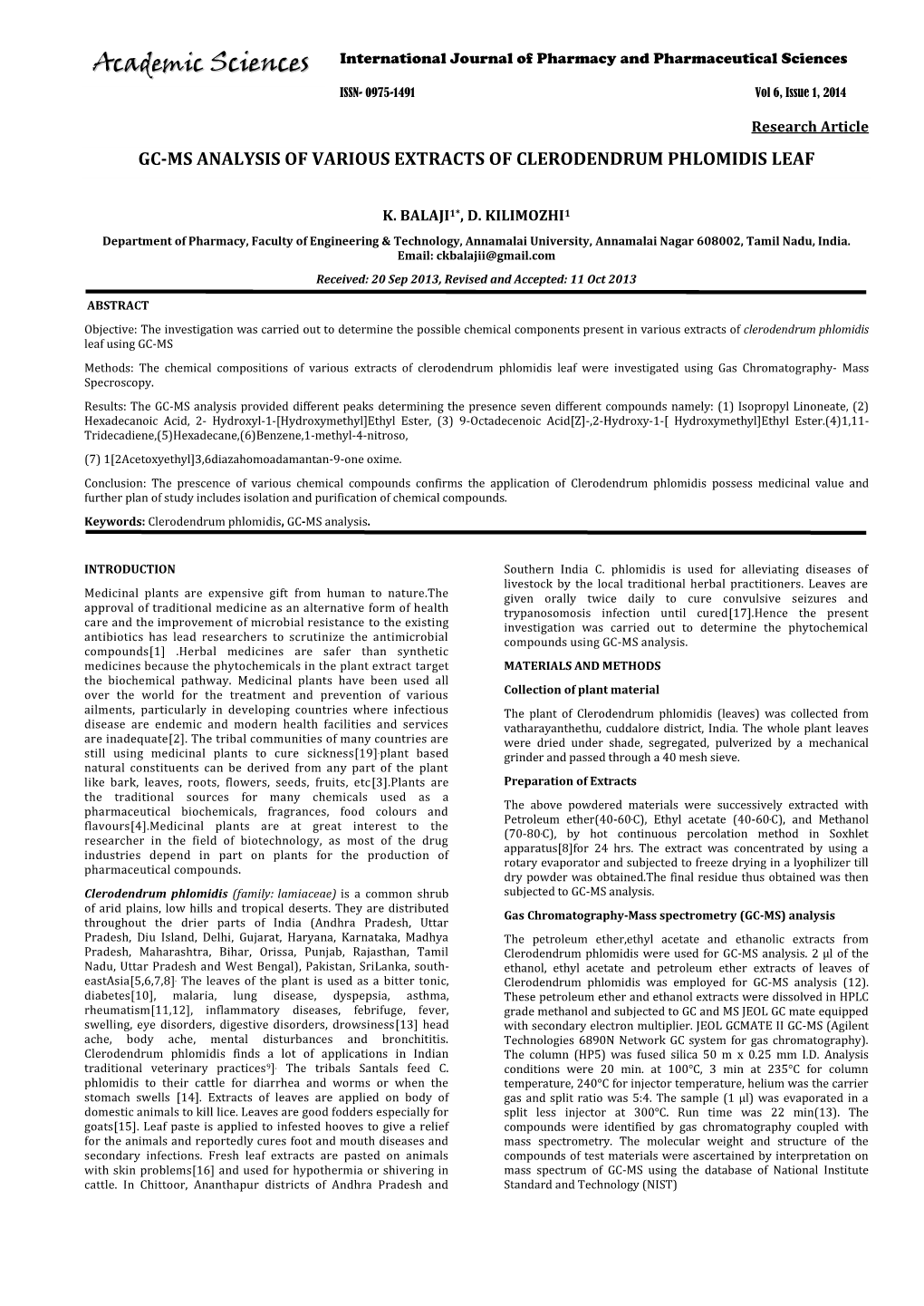 Gc-Ms Analysis of Various Extracts of Clerodendrum Phlomidis Leaf - DocsLib