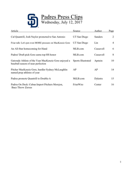 Padres Press Clips Wednesday, July 12, 2017