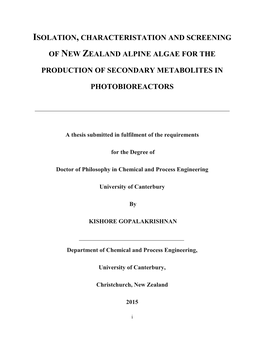 Of New Zealand Alpine Algae for the Production of Secondary