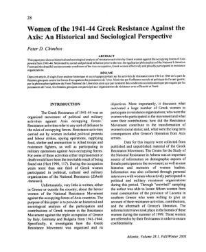 Women of the 1941-44 Greek Resistance Against the Axis: an Historical and Sociological Perspective