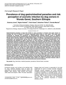 Prevalence of Dog Gastrointestinal Parasites and Risk Perception of Zoonotic Infection by Dog Owners in Wondo Genet, Southern Ethiopia