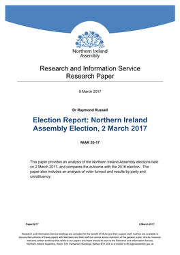 Election Report: Northern Ireland Assembly Election, 2 March 2017