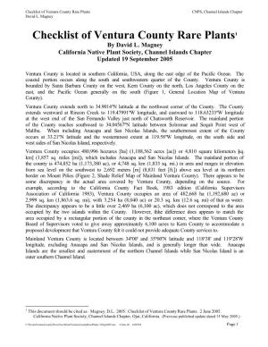 Checklist of Ventura County Rare Plants CNPS, Channel Islands Chapter David L