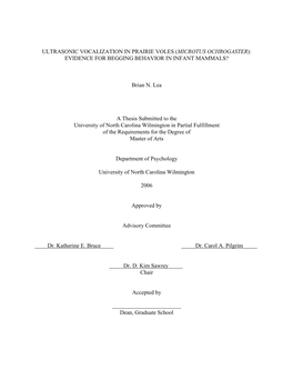 Ultrasonic Vocalization in Prairie Voles (Microtus Ochrogaster): Evidence for Begging Behavior in Infant Mammals?