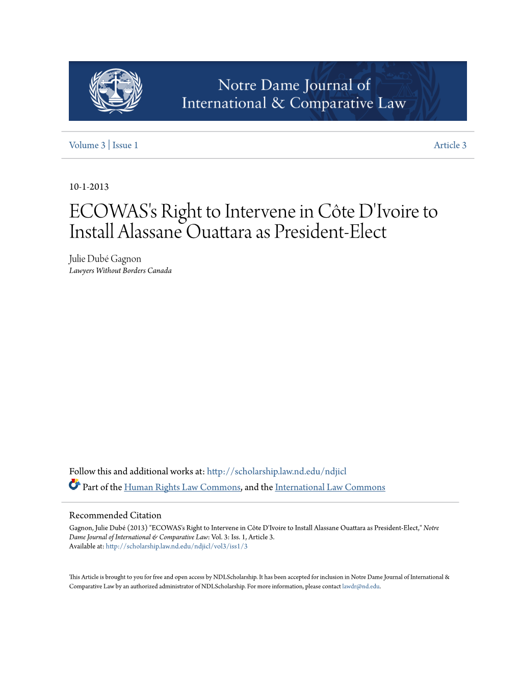 ECOWAS's Right to Intervene in CÃ´Te D'ivoire to Install Alassane