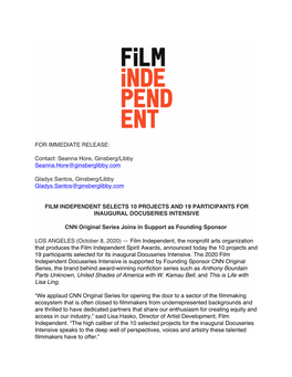 FOR IMMEDIATE RELEASE: Contact: Seanna Hore, Ginsberg/Libby