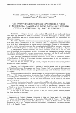 Gli Isotopi Dello Solfo Dei Giacimenti a Pirite Di Niccioleta, Gavorrano, Boccheggiano E Ritorto (Toscana Meridionale) - Dati Preliminari'"