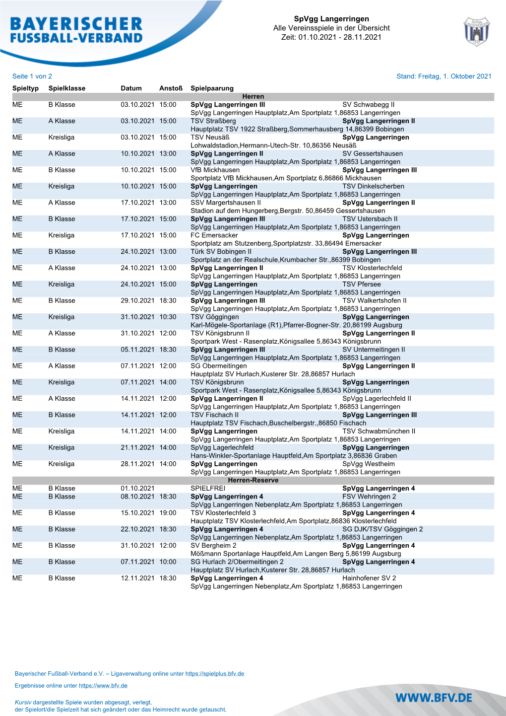 Spvgg Langerringen Alle Vereinsspiele in Der Übersicht Zeit: 01.10.2021 - 28.11.2021
