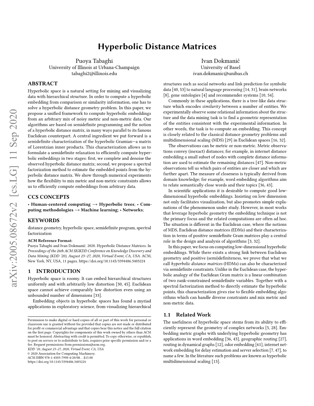 Hyperbolic Distance Matrices