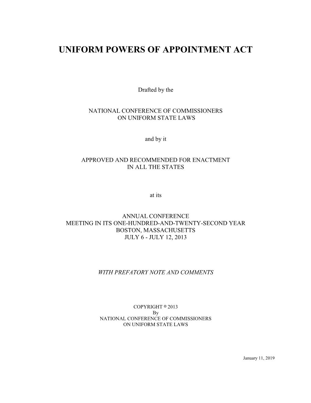 Final Act, with Comments: Uniform Powers of Appointment