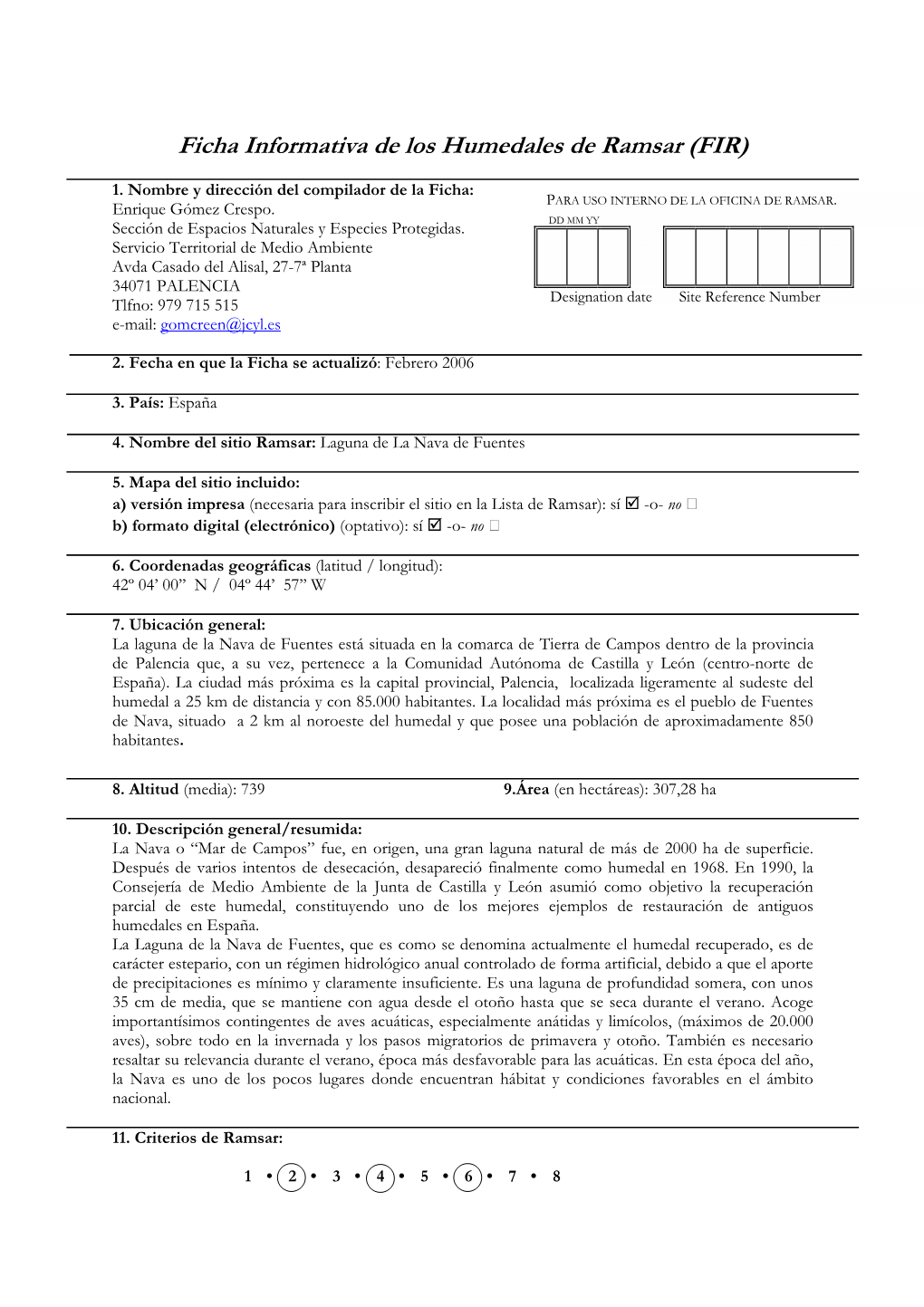 Ficha Informativa De Los Humedales De Ramsar (FIR)