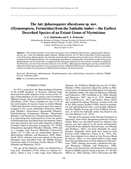 The Ant Aphaenogaster Dlusskyana Sp. Nov. (Hymenoptera, Formicidae) from the Sakhalin Amber—The Earliest Described Species of an Extant Genus of Myrmicinae A