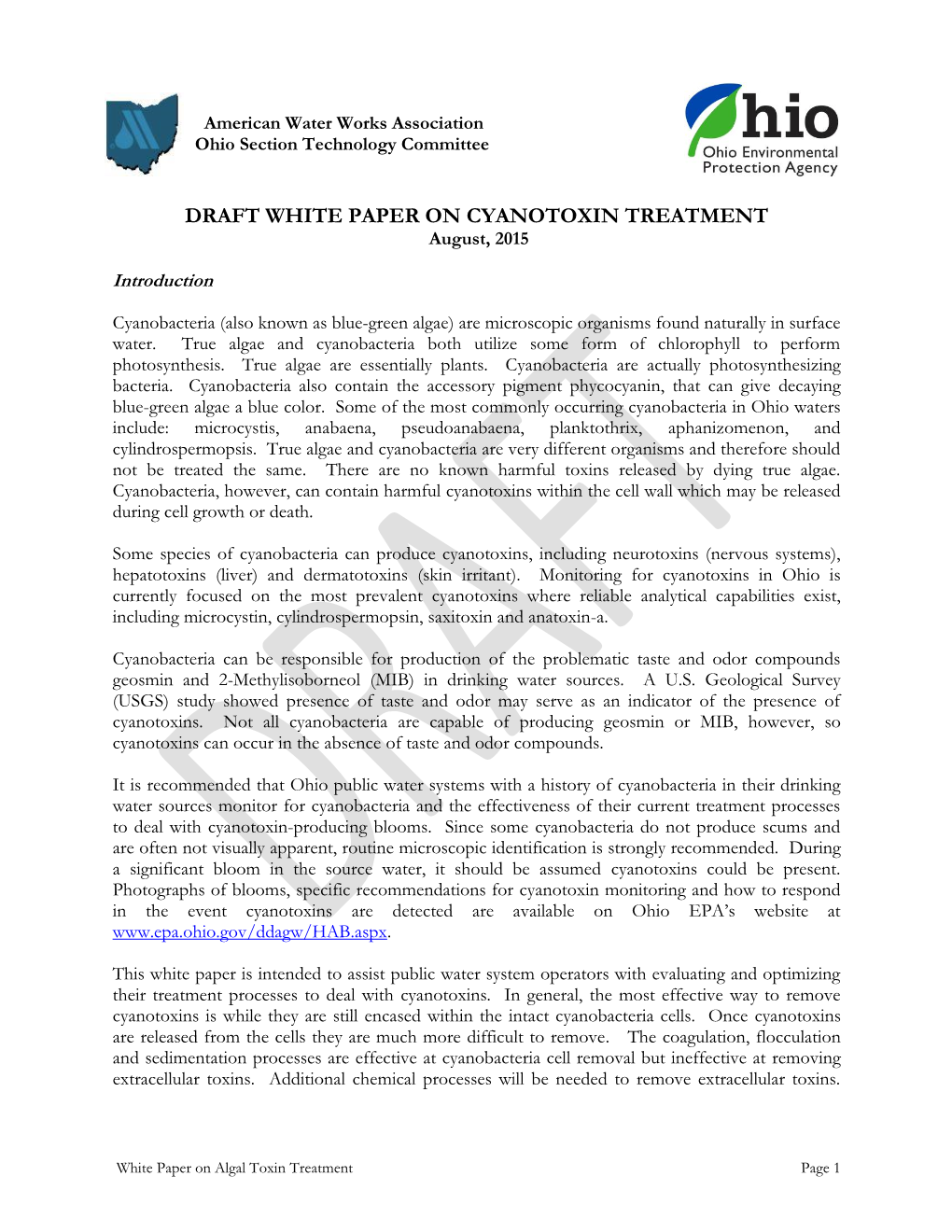 DRAFT WHITE PAPER on CYANOTOXIN TREATMENT August, 2015