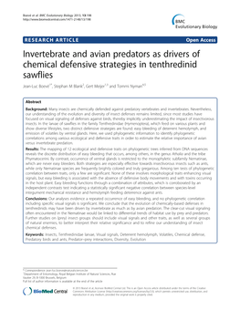 Invertebrate and Avian Predators As Drivers of Chemical Defensive Strategies in Tenthredinid Sawflies
