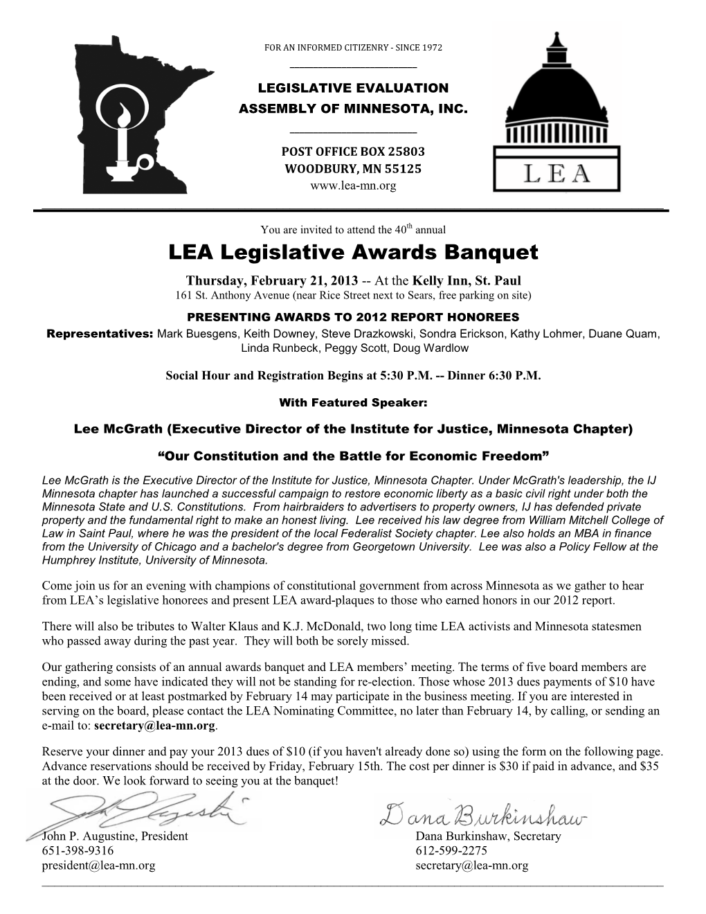 LEA Legislative Awards Banquet Thursday, February 21, 2013 -- at the Kelly Inn, St