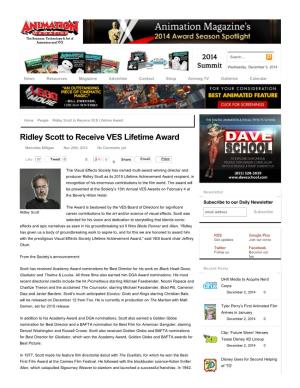 Ridley Scott to Receive VES Lifetime Award