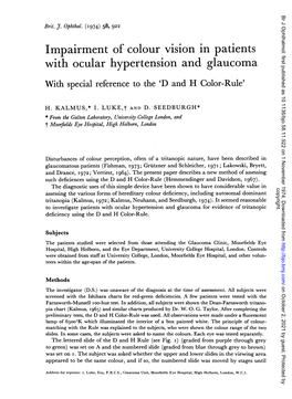 Impairment of Colour Vision in Patients with Ocular Hypertension and Glaucoma with Special Reference to the 'D and H Color-Rule'