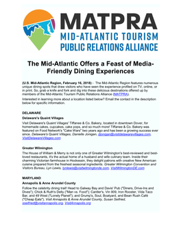 The Mid-Atlantic Offers a Feast of Media- Friendly Dining Experiences