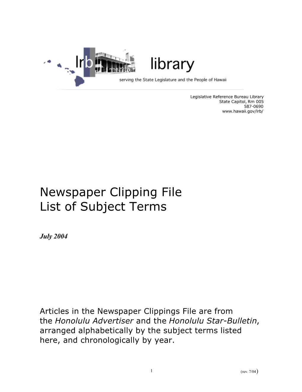 Newspaper Clipping File Subject Terms