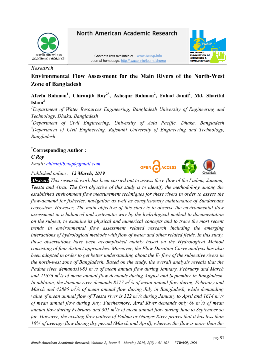 Research Environmental Flow Assessment for the Main Rivers of the North-West Zone of Bangladesh