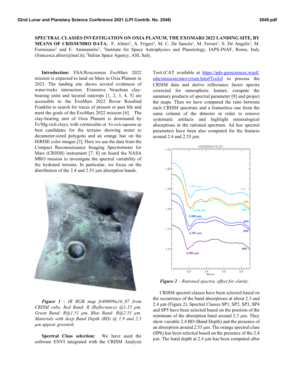 SPECTRAL CLASSES INVESTIGATION on OXIA PLANUM, the EXOMARS 2022 LANDING SITE, by MEANS of CRISM/MRO DATA. F. Altieri1, A. Frigeri1, M