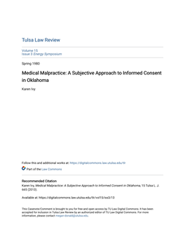 Medical Malpractice: a Subjective Approach to Informed Consent in Oklahoma