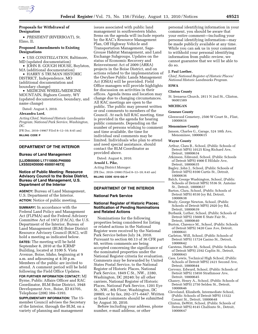 Federal Register/Vol. 75, No. 156/Friday, August 13, 2010/Notices