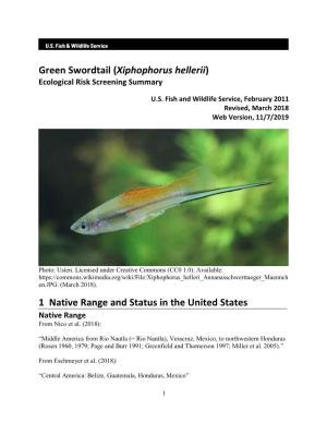 Green Swordtail (Xipohphorus Helleri) Ecological Risk Screening Summary