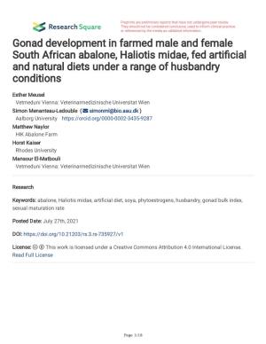 Gonad Development in Farmed Male and Female South African Abalone, Haliotis Midae, Fed Artifcial and Natural Diets Under a Range of Husbandry Conditions