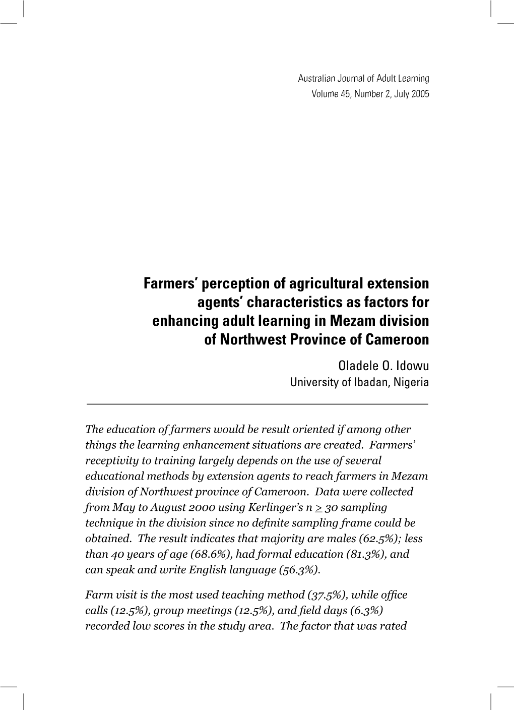 Farmers' Perception of Agricultural Extension Agents' Characteristics As