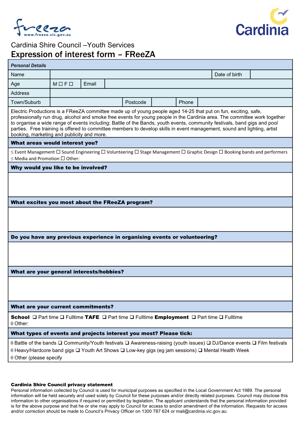 Expression of Interest Form Freeza