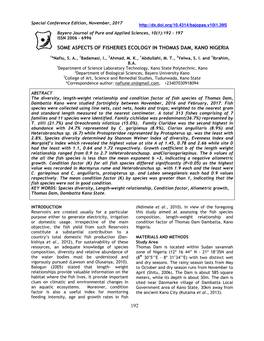 Some Aspects of Fisheries Ecology in Thomas Dam, Kano Nigeria