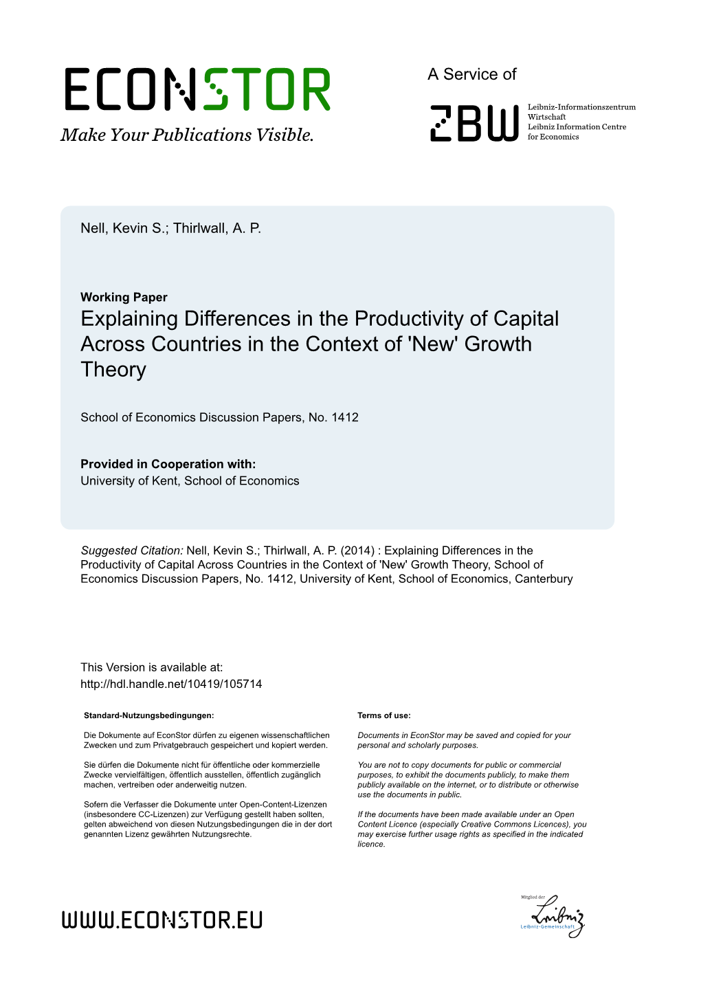 Explaining Differences in the Productivity of Capital Across Countries in the Context of 'New' Growth Theory