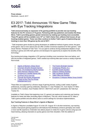 E3 2017: Tobii Announces 15 New Game Titles with Eye Tracking Integrations