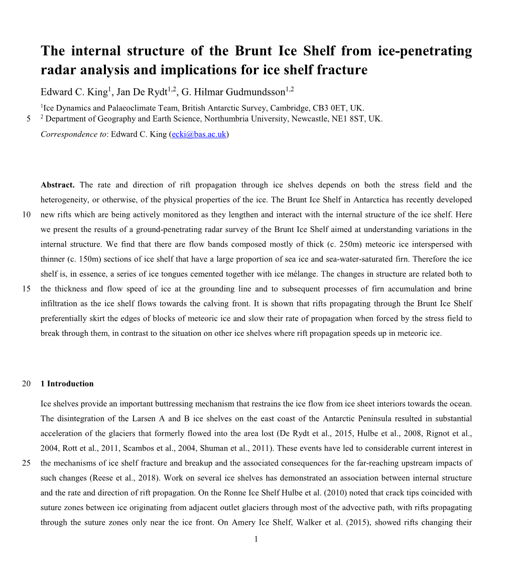 The Internal Structure of the Brunt Ice Shelf from Ice-Penetrating Radar Analysis and Implications for Ice Shelf Fracture Edward C