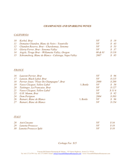 CHAMPAGNES and SPARKLING WINES CALIFORNIA 10 Korbel, Brut NV $ 19 11 Domaine Chandon, Blanc De Noirs