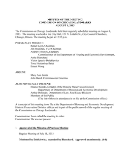 Minutes of the Meeting Commission on Chicago Landmarks August 1, 2013