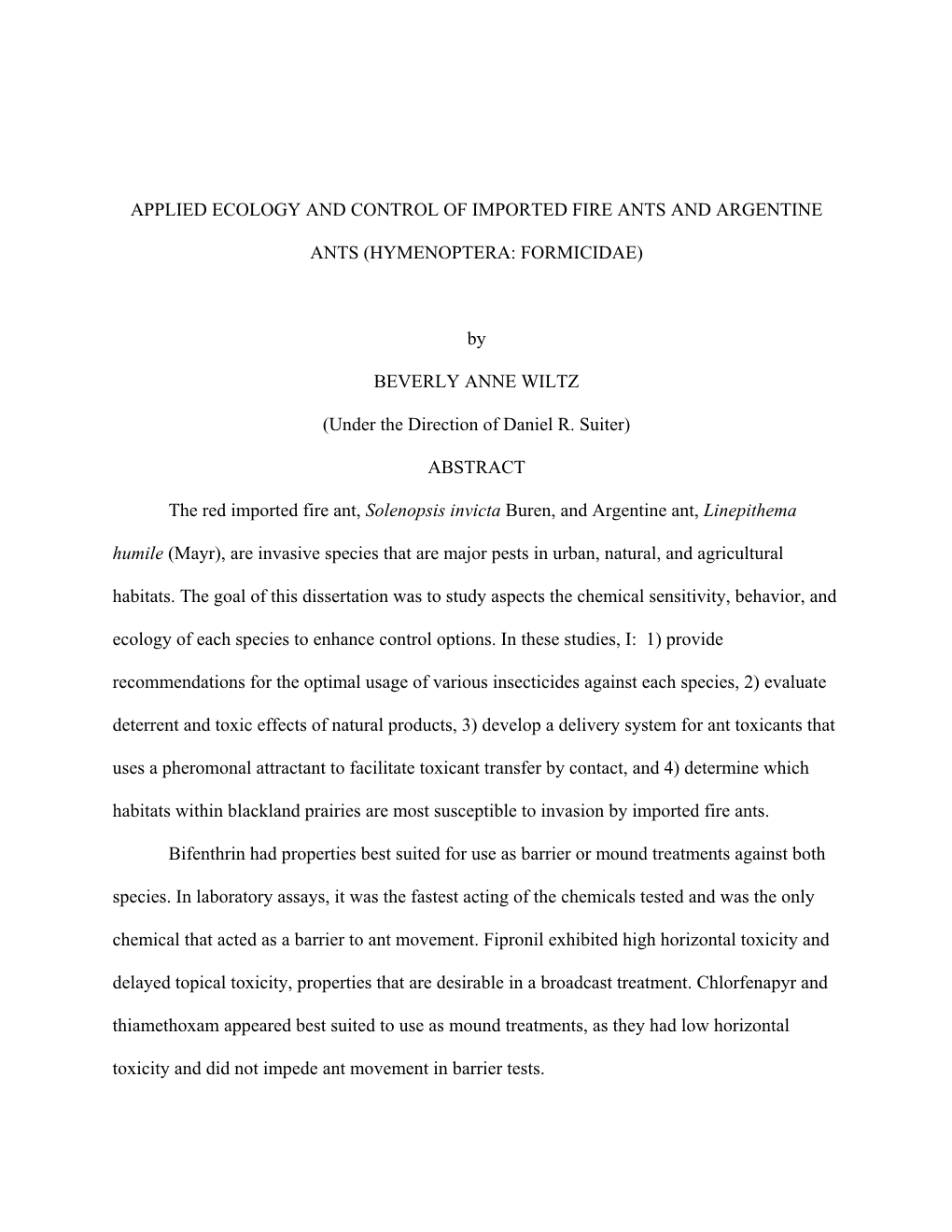 Applied Ecology and Control of Imported Fire Ants and Argentine