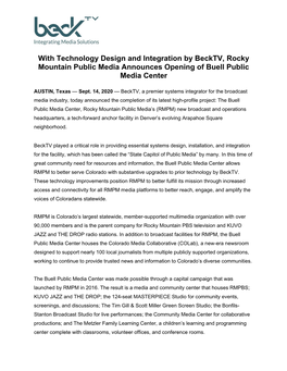 With Technology Design and Integration by Becktv, Rocky Mountain Public Media Announces Opening of Buell Public Media Center