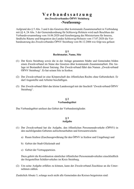 Verbandssatzung Des Zweckverbandes ÖPNV Steinburg Vom Xx.Xx.2020