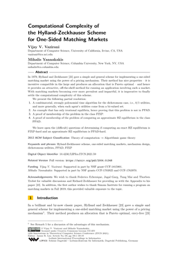 Computational Complexity of the Hylland-Zeckhauser Scheme for One-Sided Matching Markets Vijay V
