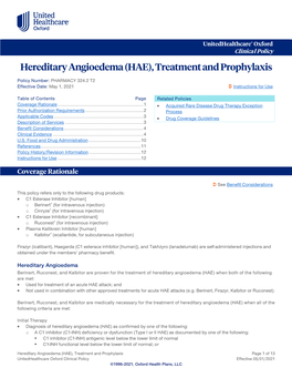 Hereditary Angioedema (HAE), Treatment and Prophylaxis