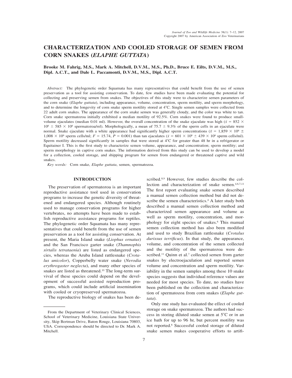 Characterization and Cooled Storage of Semen from Corn Snakes (Elaphe Guttata)