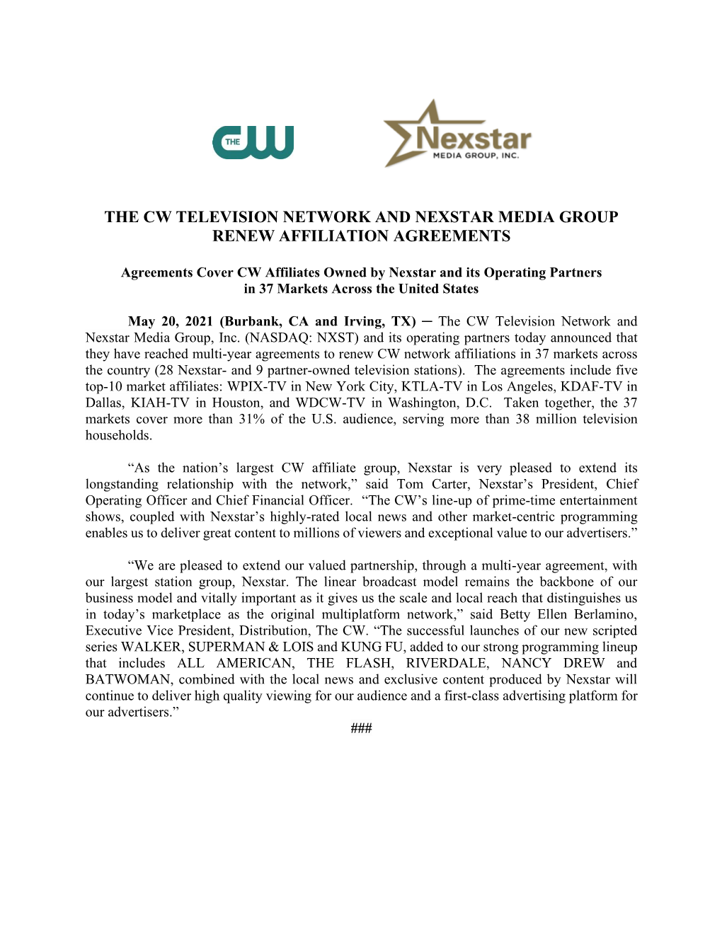 The Cw Television Network and Nexstar Media Group Renew Affiliation Agreements