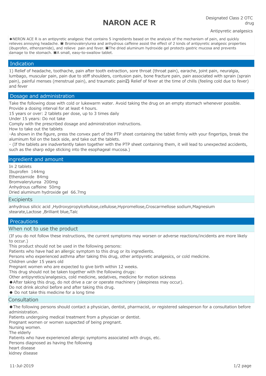 NARON ACE R Drug Antipyretic Analgesics